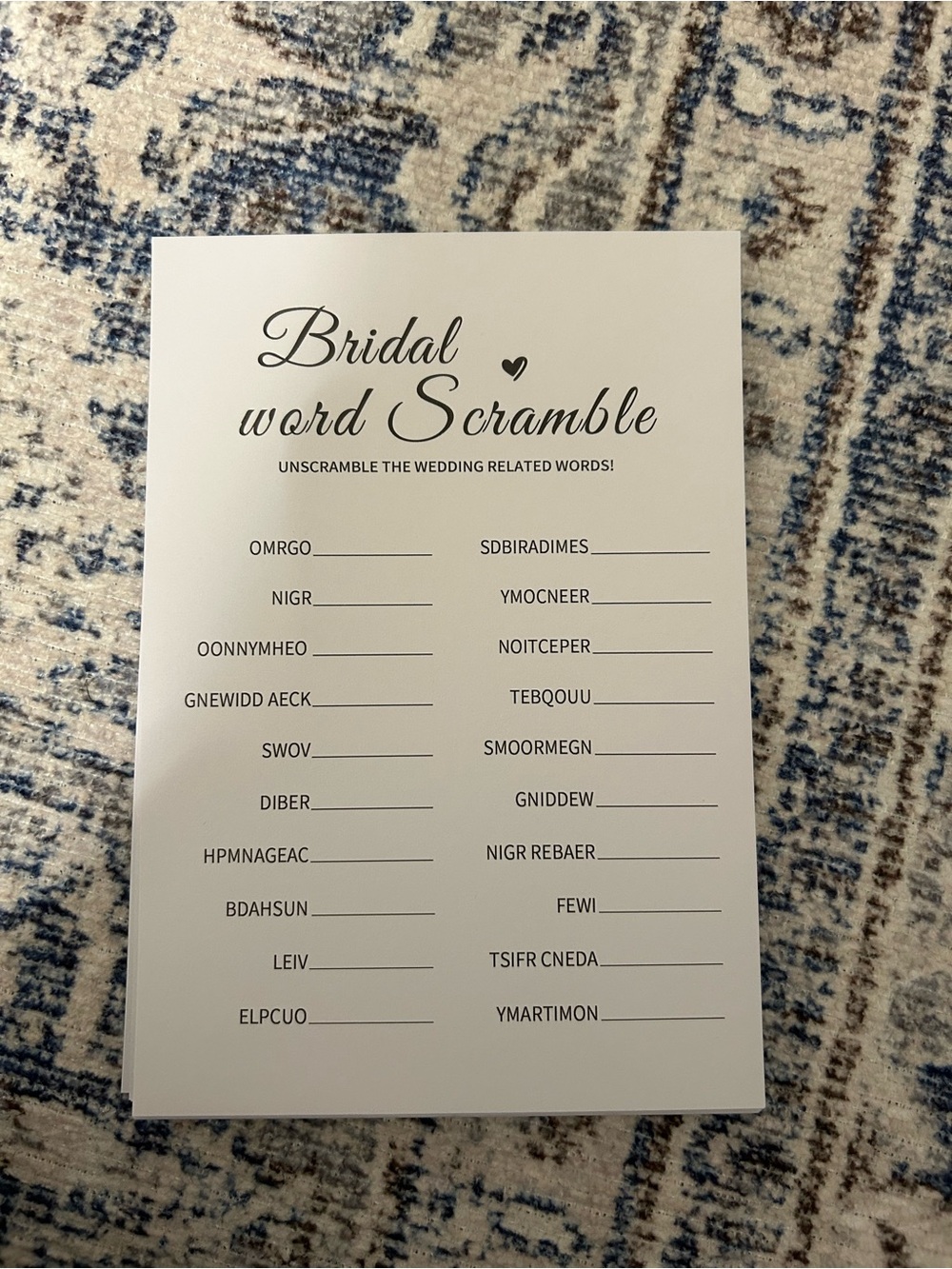 Bridal Shower Game Cards - Cream with Black Script